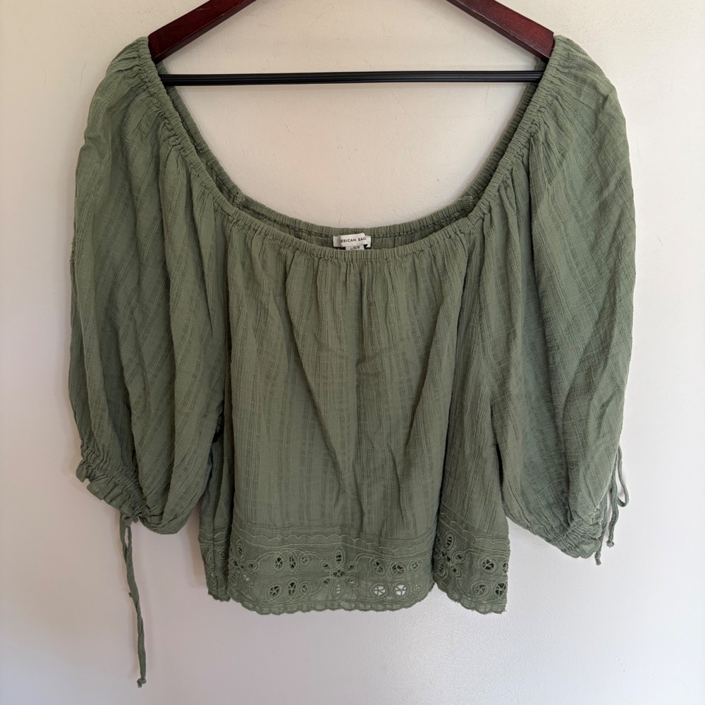 American Eagle Sage Green Cotton Gauze Eyelet Lace Off Shoulder Blouse Large